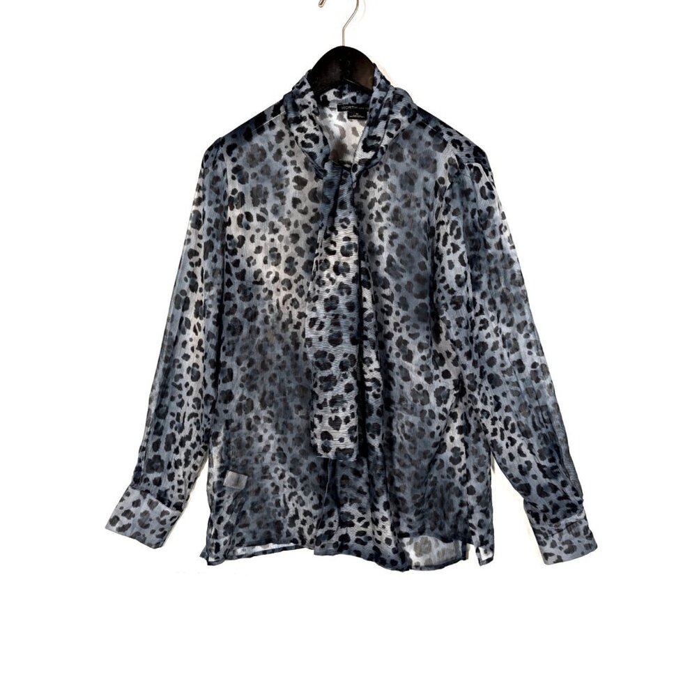 Worth New York  Womens Sz 10 Navy Leopard Print Tie Neck Sheer Blouse Button Top